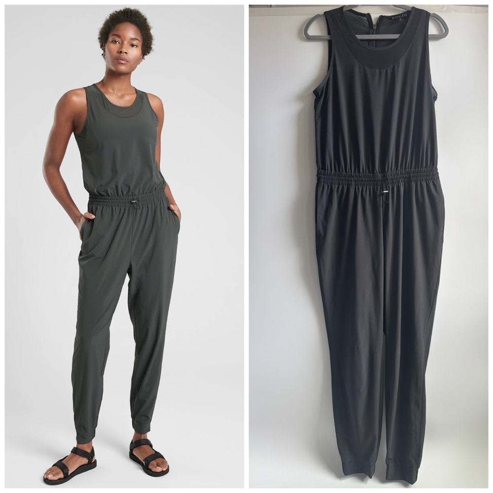 Athleta Hillside Mesh Back Jumpsuit Sleeveless Stretch Jogger Olive Green Sz 10